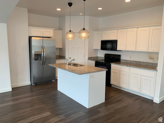 kitchen featuring a sink, white cabinets, black appliances, and dark wood-type flooring