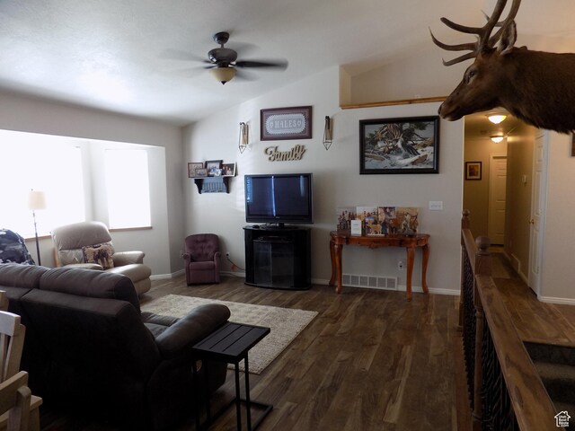 475 W 100 N, Aurora, UT 84620 - living room featuring visible vents, lofted ceiling, baseboards, dark wood-style floors, and a ceiling fan