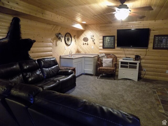475 W 100 N, Aurora, UT 84620 - carpeted living area with a sink, a ceiling fan, log walls, and wooden ceiling
