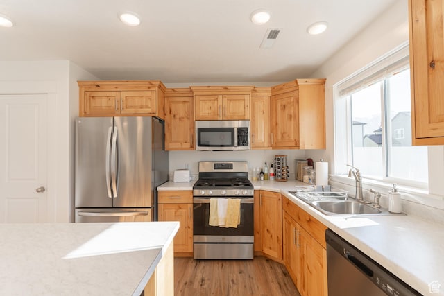 3048 S 400 W, Nibley, UT 84321 - kitchen featuring light countertops, light wood-type flooring, appliances with stainless steel finishes, and a sink