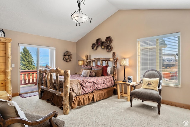 17 Wedge Way, Garden City, UT 84028 - bedroom with access to outside, light carpet, lofted ceiling, and baseboards