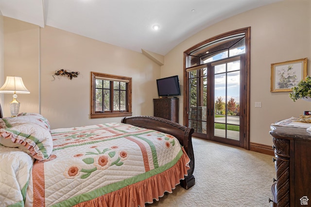 2499 River Meadows Ln, Midway, UT 84049 - bedroom featuring light colored carpet, access to outside, vaulted ceiling, and recessed lighting