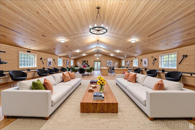 2499 River Meadows Ln, Midway, UT 84049 - living room with lofted ceiling, light wood-type flooring, wood ceiling, and a chandelier