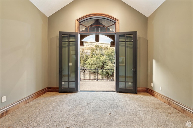2499 River Meadows Ln, Midway, UT 84049 - foyer with carpet, lofted ceiling, and french doors