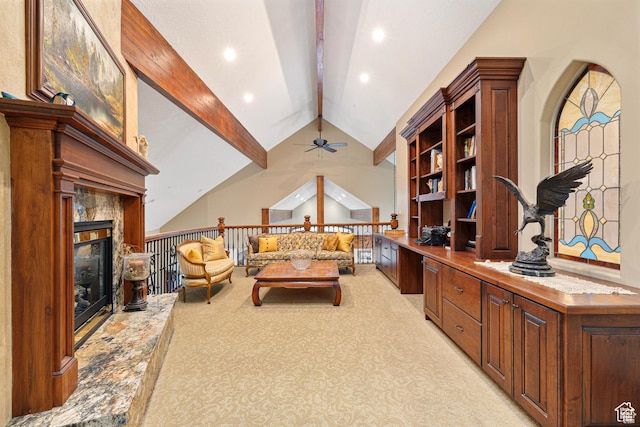 2499 River Meadows Ln, Midway, UT 84049 - living area with ceiling fan, light carpet, a high end fireplace, and recessed lighting