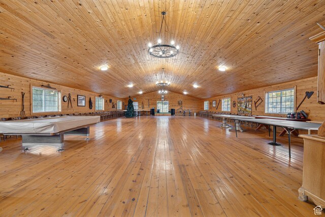 2499 River Meadows Ln, Midway, UT 84049 - game room featuring wooden ceiling, lofted ceiling, light wood finished floors, wood walls, and billiards table