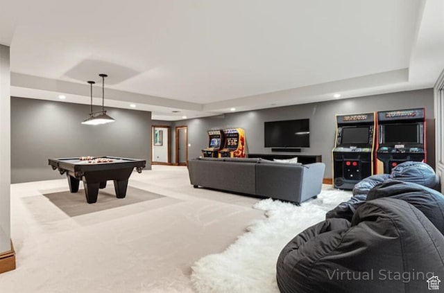 2499 River Meadows Ln, Midway, UT 84049 - playroom featuring recessed lighting, a raised ceiling, billiards, and light colored carpet