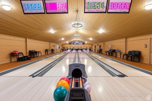 2499 River Meadows Ln, Midway, UT 84049 - rec room with bowling, lofted ceiling, and wood walls