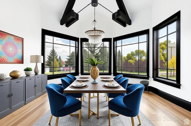 2499 River Meadows Ln, Midway, UT 84049 - dining room with light wood-style floors, a chandelier, a high ceiling, and beamed ceiling