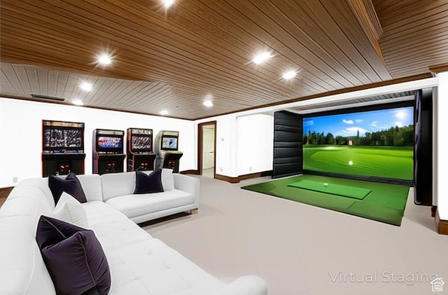 2499 River Meadows Ln, Midway, UT 84049 - recreation room featuring golf simulator, wooden ceiling, and recessed lighting