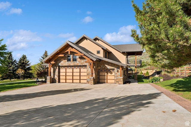 2499 River Meadows Ln, Midway, UT 84049 - craftsman inspired home featuring stone siding, driveway, a balcony, and a front lawn