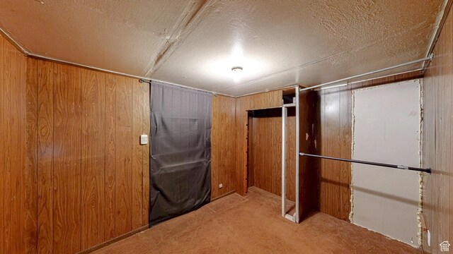 basement featuring wooden walls, carpet flooring, and a textured ceiling