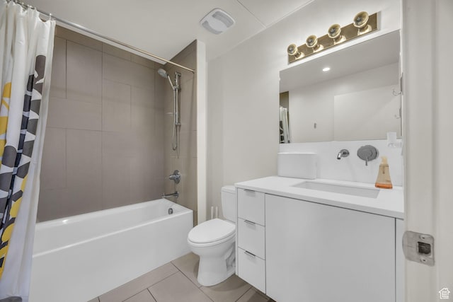 bathroom with shower / bathtub combination with curtain, vanity, tile patterned flooring, visible vents, and toilet