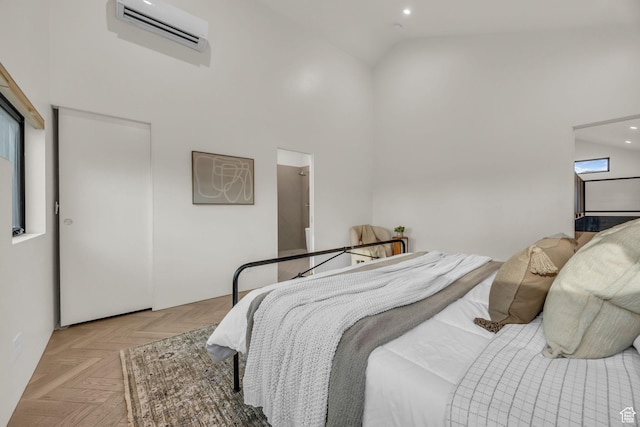 bedroom with an AC wall unit, high vaulted ceiling, and recessed lighting