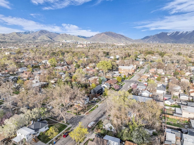 aerial view featuring a mountain view and a residential view