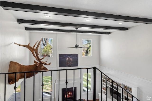 details featuring beam ceiling, a ceiling fan, and recessed lighting