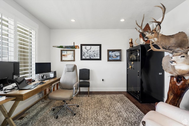 office area with recessed lighting, baseboards, and wood finished floors