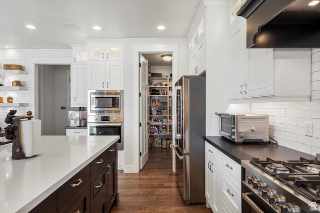 kitchen featuring glass insert cabinets, premium range hood, white cabinetry, dark wood-type flooring, and appliances with stainless steel finishes