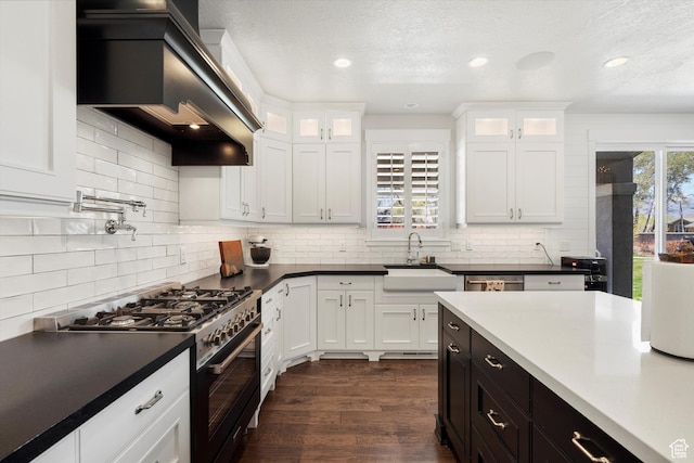 kitchen with custom range hood, high end stainless steel range oven, white cabinetry, backsplash, and a sink