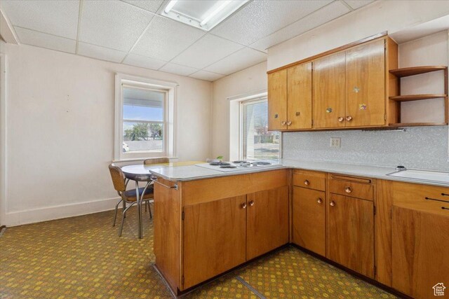 205 S Main St, Manti, UT 84642 - kitchen with dark floors, open shelves, a peninsula, a paneled ceiling, and light countertops