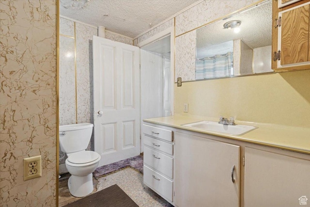 205 S Main St, Manti, UT 84642 - bathroom featuring wallpapered walls, a textured ceiling, vanity, and toilet