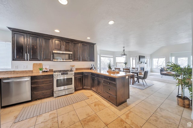 kitchen with dark brown cabinets, stainless steel appliances, a textured ceiling, and plenty of natural light