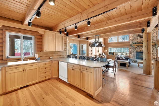 11551 E Marigold Ln Unit 1659, Heber City, UT 84032 - kitchen with rail lighting, white dishwasher, wood ceiling, a sink, and light brown cabinetry