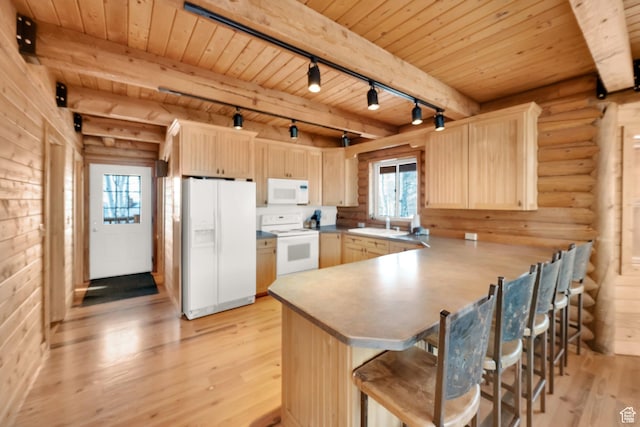 11551 E Marigold Ln Unit 1659, Heber City, UT 84032 - kitchen featuring track lighting, light wood-type flooring, white appliances, a peninsula, and wood ceiling
