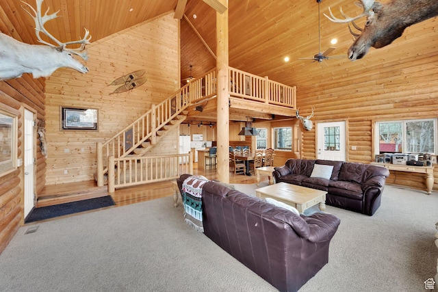 11551 E Marigold Ln Unit 1659, Heber City, UT 84032 - living room featuring high vaulted ceiling, carpet, and rustic walls