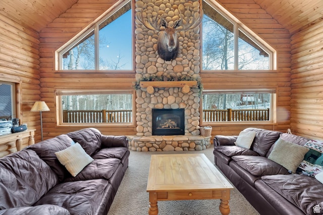 11551 E Marigold Ln Unit 1659, Heber City, UT 84032 - living room with a towering ceiling, a stone fireplace, rustic walls, carpet flooring, and wood ceiling