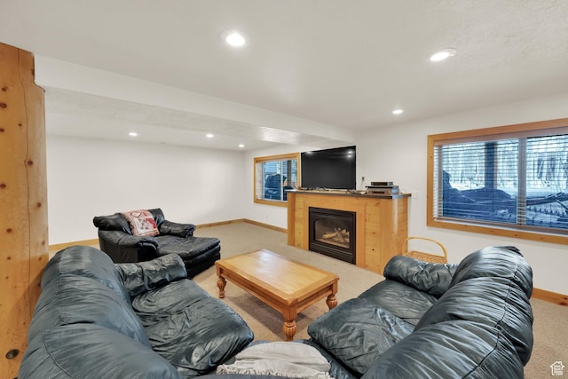 11551 E Marigold Ln Unit 1659, Heber City, UT 84032 - living room featuring a glass covered fireplace, recessed lighting, carpet, and baseboards