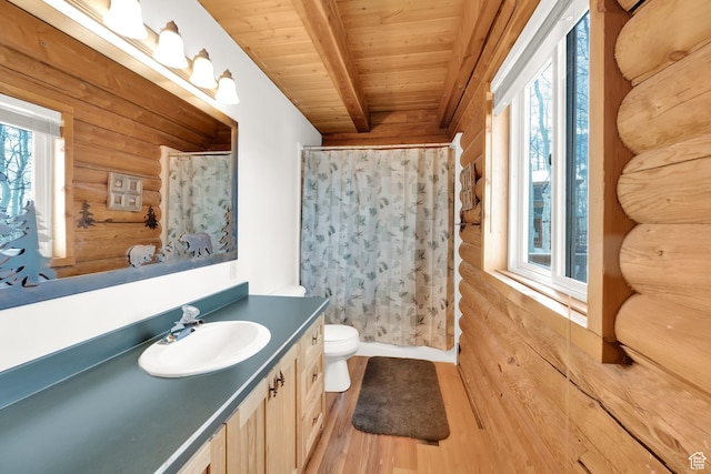 11551 E Marigold Ln Unit 1659, Heber City, UT 84032 - bathroom with vanity, toilet, rustic walls, wooden ceiling, and curtained shower