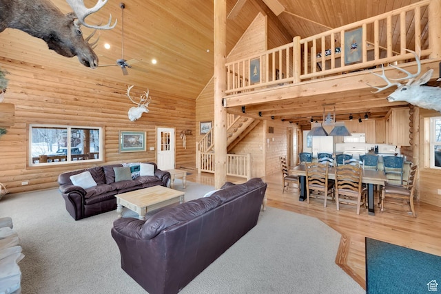 11551 E Marigold Ln Unit 1659, Heber City, UT 84032 - living area featuring rustic walls, recessed lighting, high vaulted ceiling, wooden ceiling, and wood finished floors