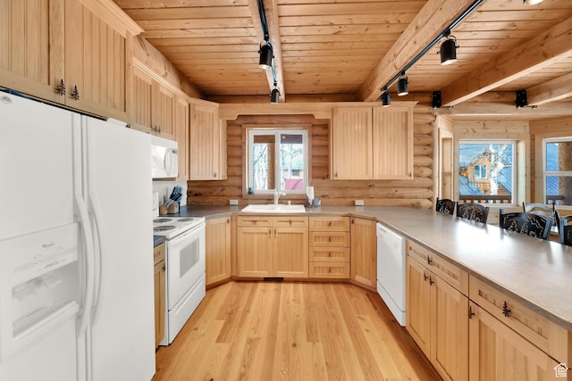 11551 E Marigold Ln Unit 1659, Heber City, UT 84032 - kitchen with log walls, track lighting, white appliances, wood ceiling, and light brown cabinetry