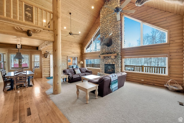 11551 E Marigold Ln Unit 1659, Heber City, UT 84032 - living area with log walls, wooden ceiling, ceiling fan, a fireplace, and high vaulted ceiling