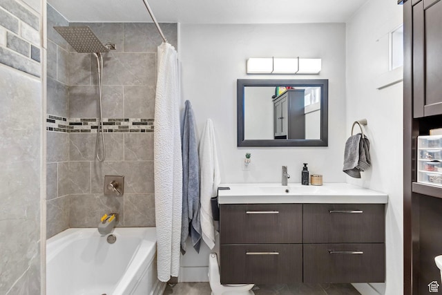 full bathroom with shower / bathtub combination with curtain and vanity