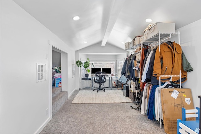 office with baseboards, recessed lighting, carpet floors, visible vents, and vaulted ceiling with beams