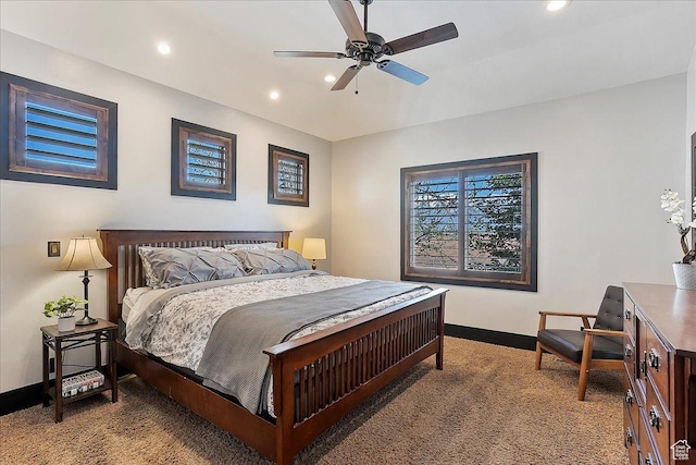 carpeted bedroom with baseboards, a ceiling fan, and recessed lighting