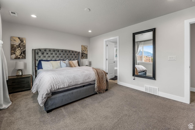 bedroom featuring recessed lighting, carpet flooring, visible vents, and baseboards