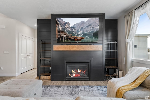 living area with wood finished floors, baseboards, and a large fireplace