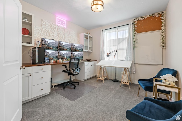 office with built in desk and light carpet