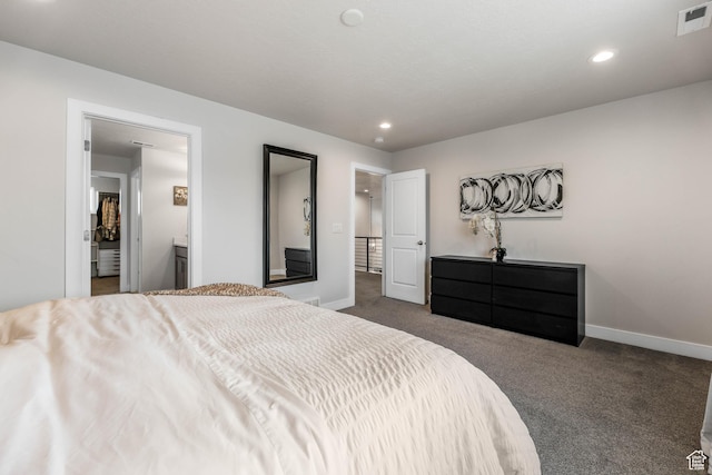 bedroom with carpet flooring, baseboards, visible vents, and recessed lighting