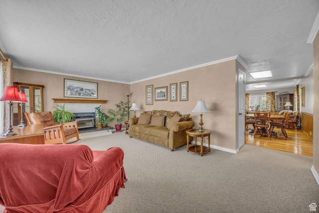 4926 S 3655 W, Taylorsville, UT 84129 - living area with a textured ceiling, crown molding, a glass covered fireplace, and carpet floors