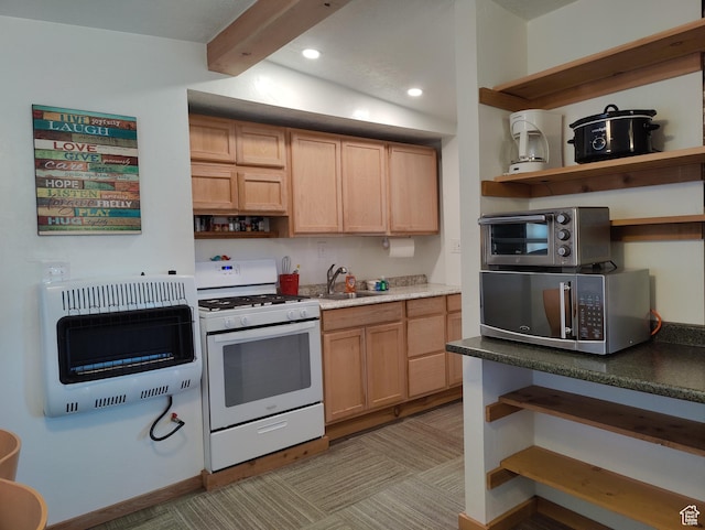 1559 S Bear Lake Blvd S, Garden City, UT 84028 - kitchen with open shelves, a sink, heating unit, stainless steel microwave, and white range with gas stovetop