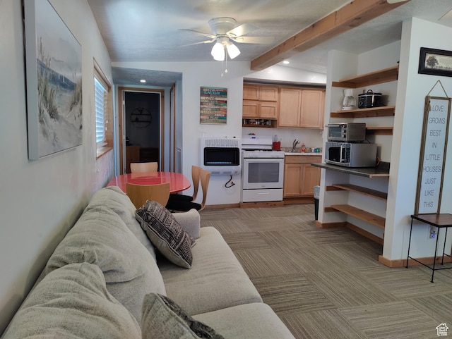 1559 S Bear Lake Blvd S, Garden City, UT 84028 - kitchen featuring open shelves, a ceiling fan, stainless steel microwave, white gas range oven, and light carpet
