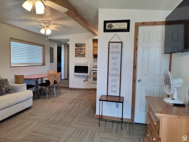 1559 S Bear Lake Blvd S, Garden City, UT 84028 - living area featuring electric panel, a textured ceiling, a ceiling fan, heating unit, and carpet