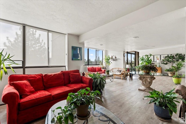 living area featuring floor to ceiling windows, a textured ceiling, and wood finished floors