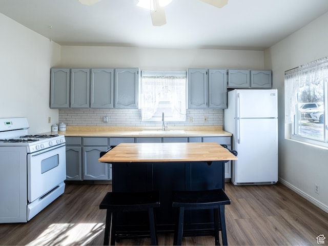 290 W 400 S, Heber City, UT 84032 - kitchen featuring a sink, white appliances, butcher block counters, dark wood-type flooring, and backsplash