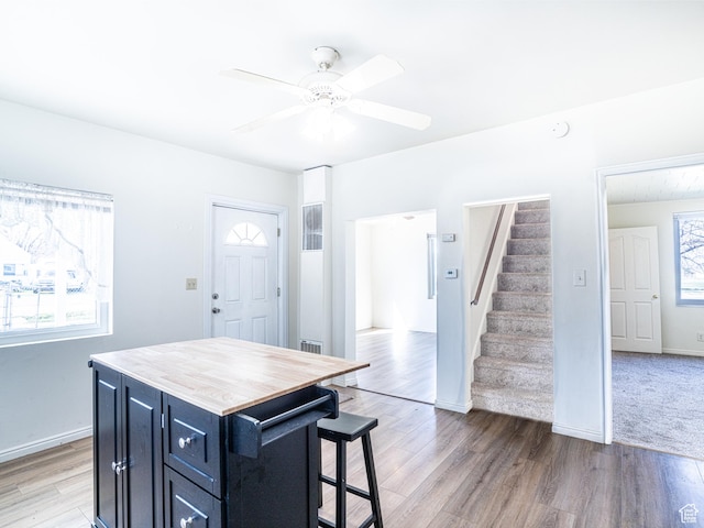 290 W 400 S, Heber City, UT 84032 - kitchen with a ceiling fan, a kitchen breakfast bar, dark cabinetry, light wood finished floors, and a kitchen island
