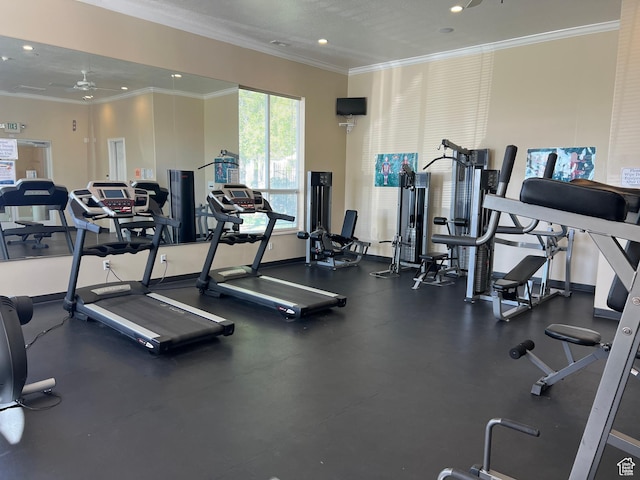 6351 W Traveler Ln, West Jordan, UT 84081 - gym with recessed lighting, ceiling fan, baseboards, and ornamental molding